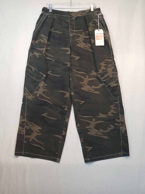 Cali1850 Pants - Olive Green & Tan Camo Wide Leg Elastic Waist Cargo Pants L New!